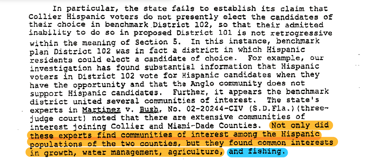 5/x: The Leg argued that Collier Hispanics (largely Democratic farmworkers) were too different from the Cuban GOP urbanites in Dade to affect the preclearance analysis.The DOJ disagreed. Collier Hispanics needed to be in a majority-Hispanic district (bc fishing, or something)