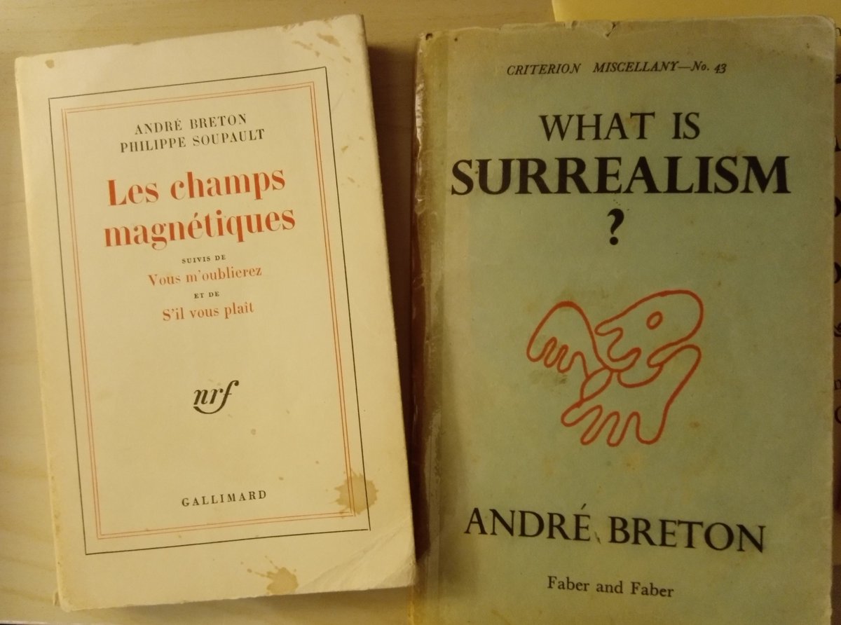On the left, David Gascoyne's own copy of 'Les champs magnétiques' (his translation dates from 1985) / on the right, Gascoyne's 1936 translation of Breton's 'Qu'est-ce que le surréalisme ?' (Faber) ***More about DG & Surrealism: blackheraldpress.com/la-vie-de-l-ho… #DavidGascoyne #AndréBreton