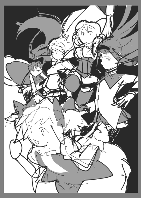 新刊の描き下ろしイラスト描いてるんですけど、ラフとペン入れのビフォーアフターを見て欲しいです 