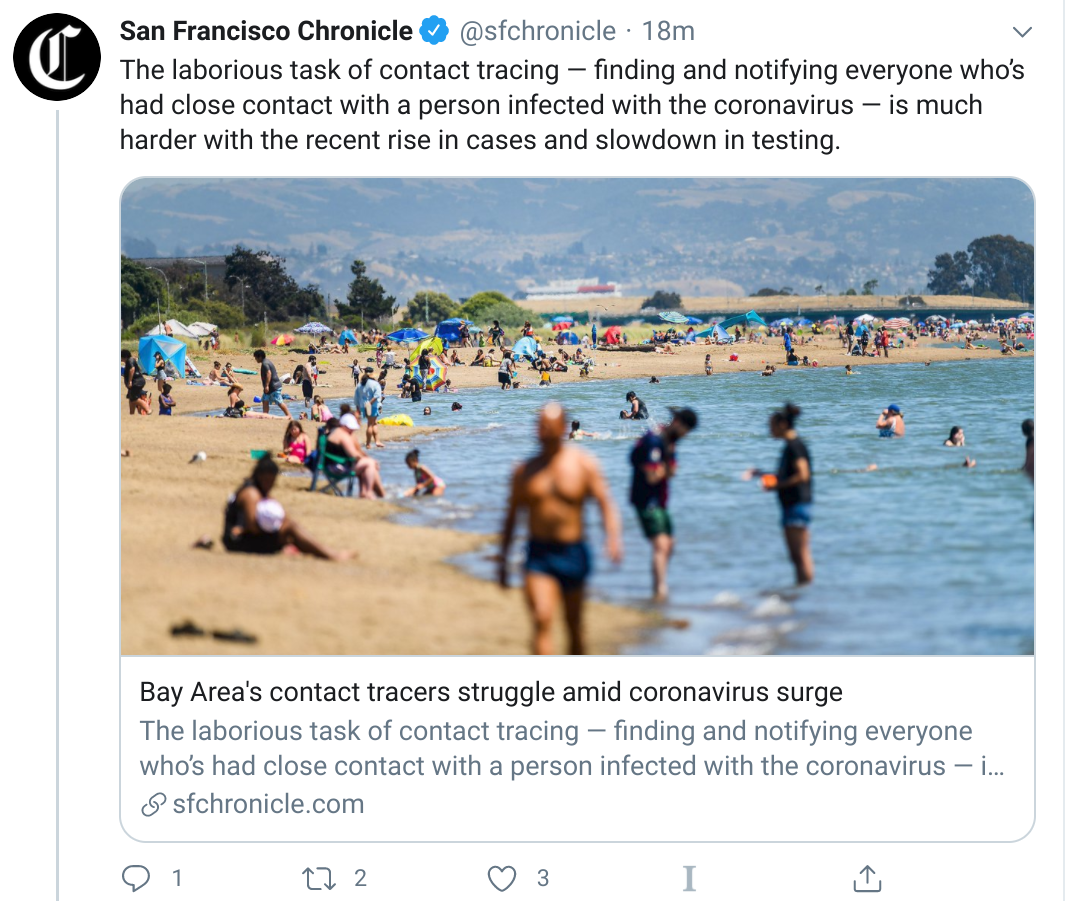 Good one,  @sfchronicle. Story is about *contact-tracing*. The photo is ::drumroll:: a telephoto beach picture from *two-months ago* where the caption even says what everyone can see: people are spread apart. These visuals are misinformation. h/t  @sethjberman