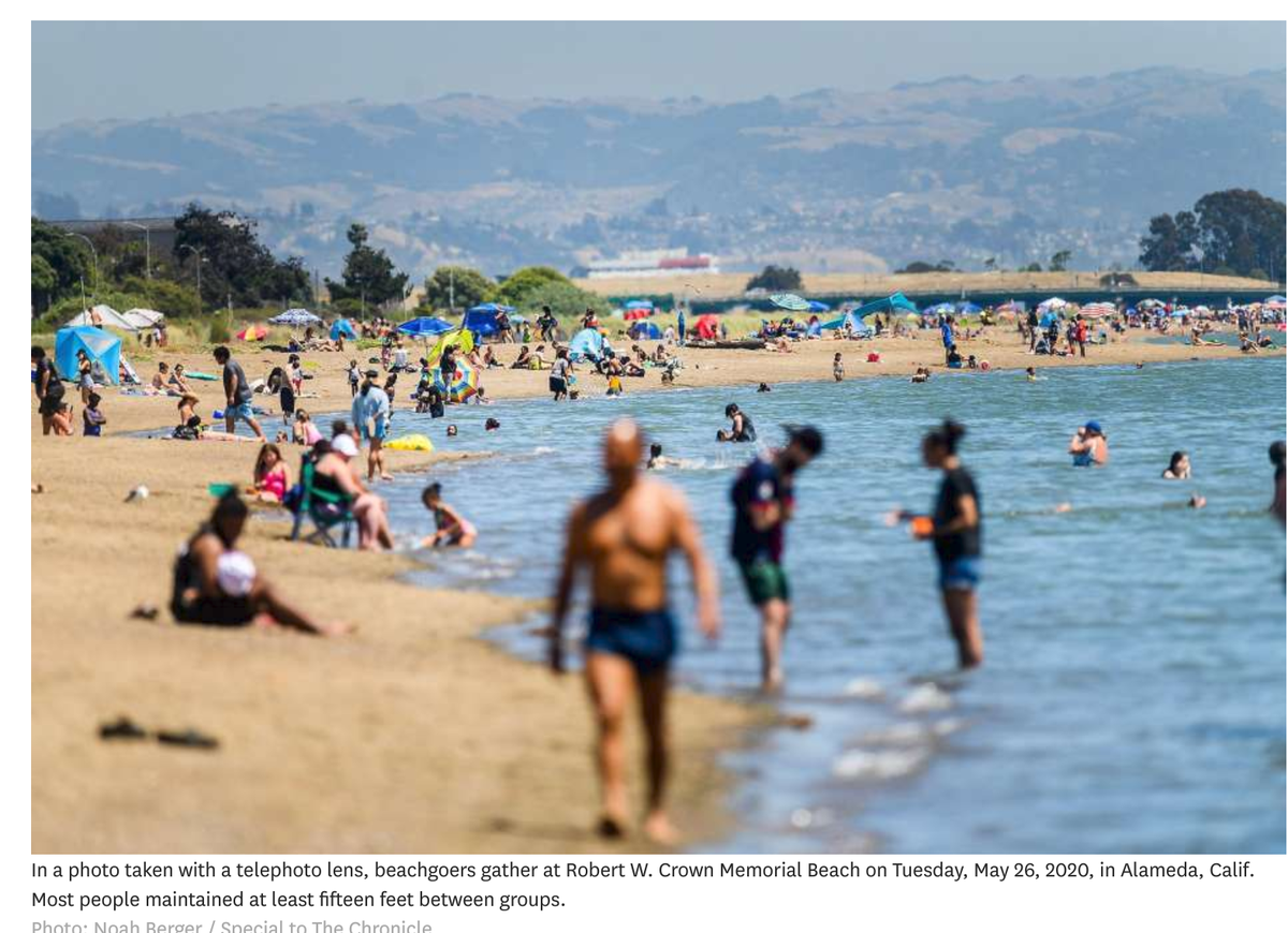 Good one,  @sfchronicle. Story is about *contact-tracing*. The photo is ::drumroll:: a telephoto beach picture from *two-months ago* where the caption even says what everyone can see: people are spread apart. These visuals are misinformation. h/t  @sethjberman