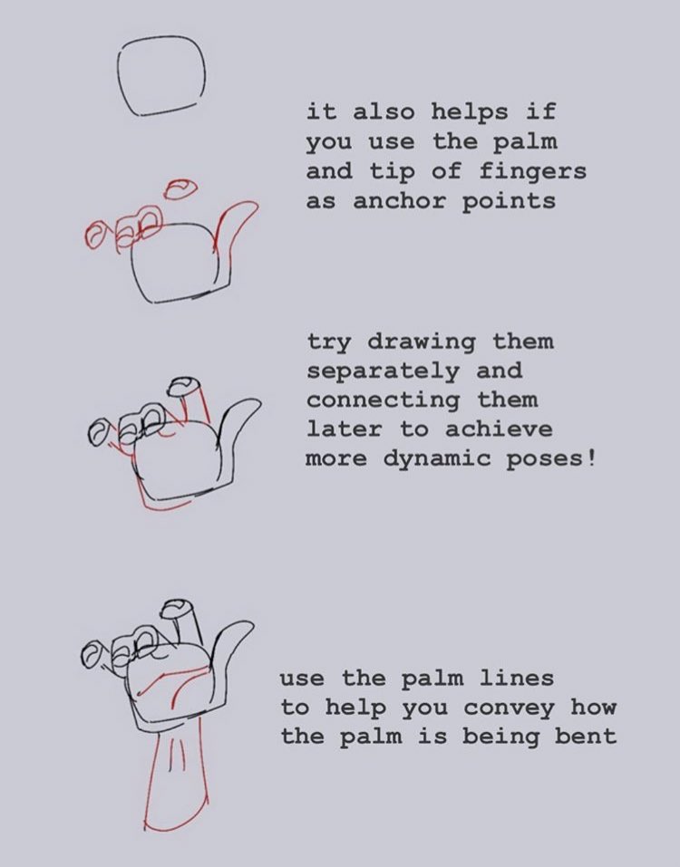 i’m very shy about posting art “tutorials” but i was cleaning my insta highlights and thought this could be useful to someone who’s struggling with hands

(this is not by all means the right or best way to draw, it’s just how i visualize it!)
