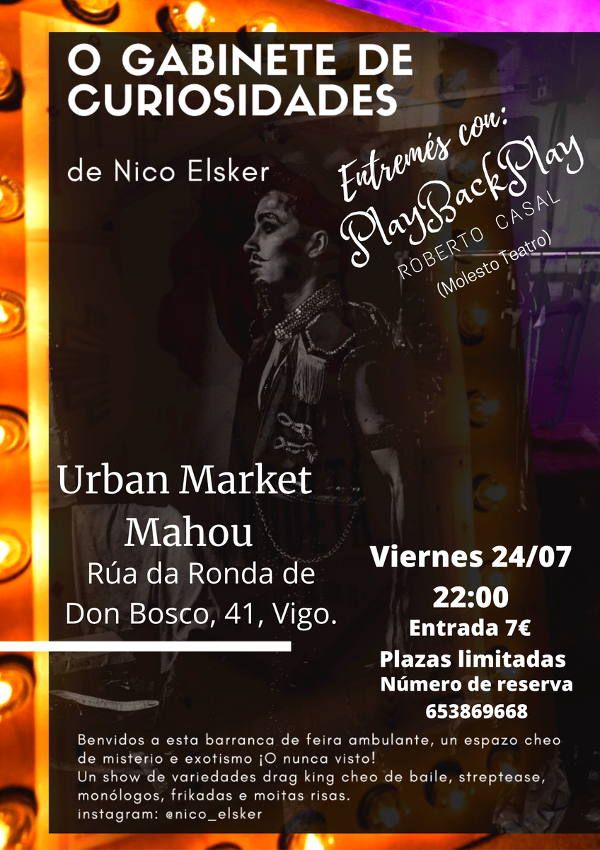 Gente de Vigo. Este Viernes 24 a las 22:00, el gran Nico Elsker actúa en el Urban Martek Mahou. Y además, participo con un entremés cómico. Dos shows por solo 7 euros. OFERTON.

Rt para apoyar el teatro local.