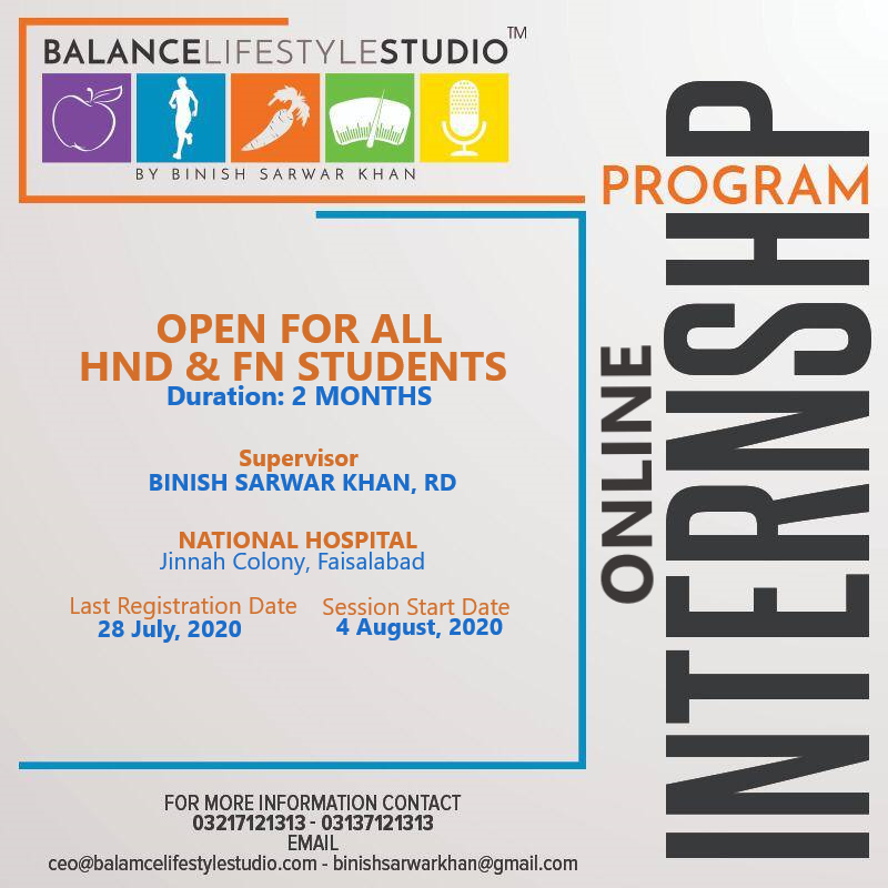 binishsarwarRD's tweet photo. Balance Lifestyle Studio by Binish Sarwar Khan is launching online internship for the students of nutrition. This internship program allow students, to gain experience from the comfort of their own home..!!

For Registration Contact on the Below Numbers
0313-7121313; 0321-7121313 https://t.co/ALbR3ikyxv