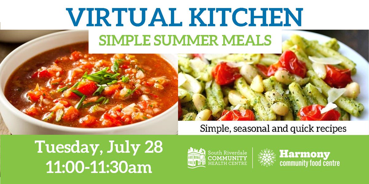 harmony_cfc's tweet image. Join us for our first online Virtual Kitchen session: Simple Summer Meals on Tues, July 28th from 11-11:30am. Short &amp;amp; sweet cooking demo and Q&amp;amp;A. To register, email AWalton@srchc.com. #communitykitchen #virtualcooking #summermeals #healthyrecipes #free @SRiverdaleCHC