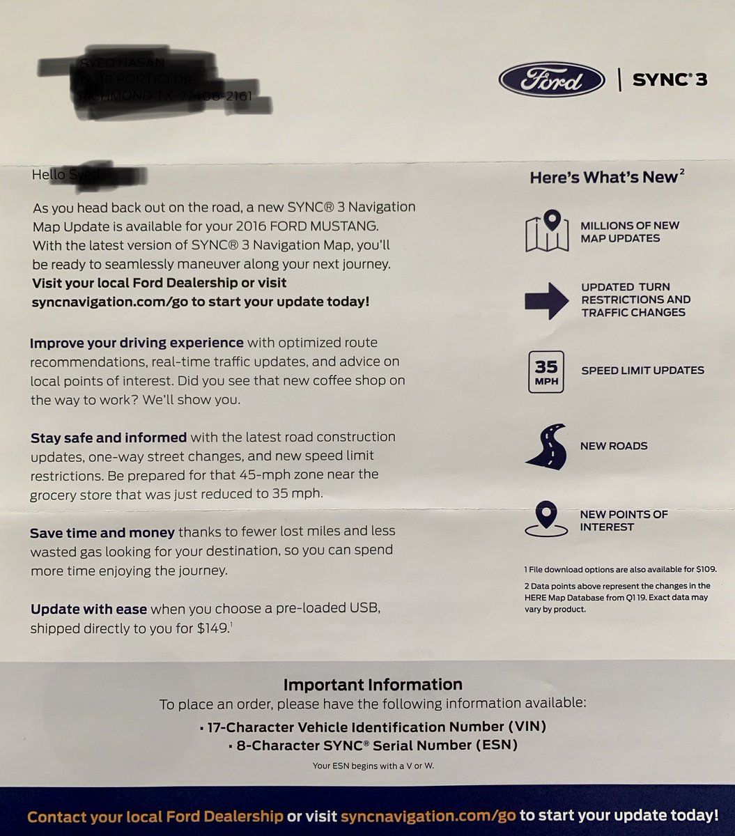 EVNewsHouston's tweet photo. I owned a Mustang GT till last year & recieved this letter today. A service appointment to update maps! Other option is to pay $149 & get a usb shipped.
Is it 2020 or 2010? @Ford @tesla4k
#FreeSoftwareUpdates #OTA #Ford #Tesla #ConnectedCar https://t.co/zNWIWXgKtV