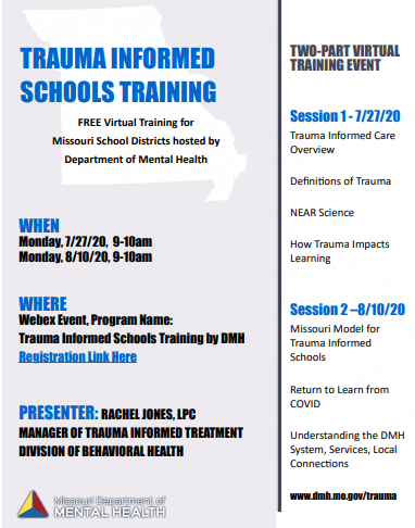 MOSchoolPsych's tweet photo. For those interested in learning more about trauma informed schools, COVID-19 resources, and understanding how to access the DMH system and providers - register for free online training here! https://t.co/iiIFEt2KPh https://t.co/bCc38lYMEB