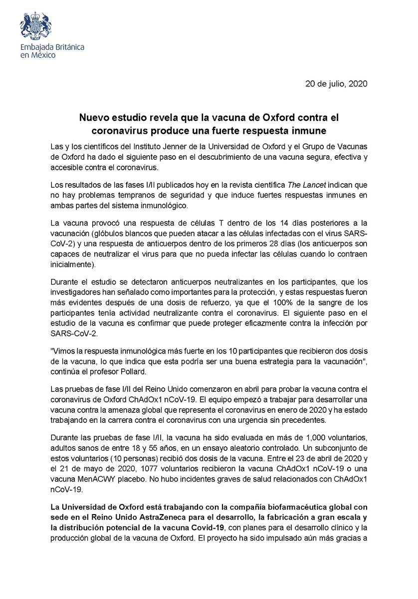 UKinMexico's tweet photo. 📰#COMUNICADO 📰
Nuevo estudio revela que la vacuna de @UniofOxford  contra el #coronavirus produce una fuerte respuesta inmune. https://t.co/DDywwonkdF