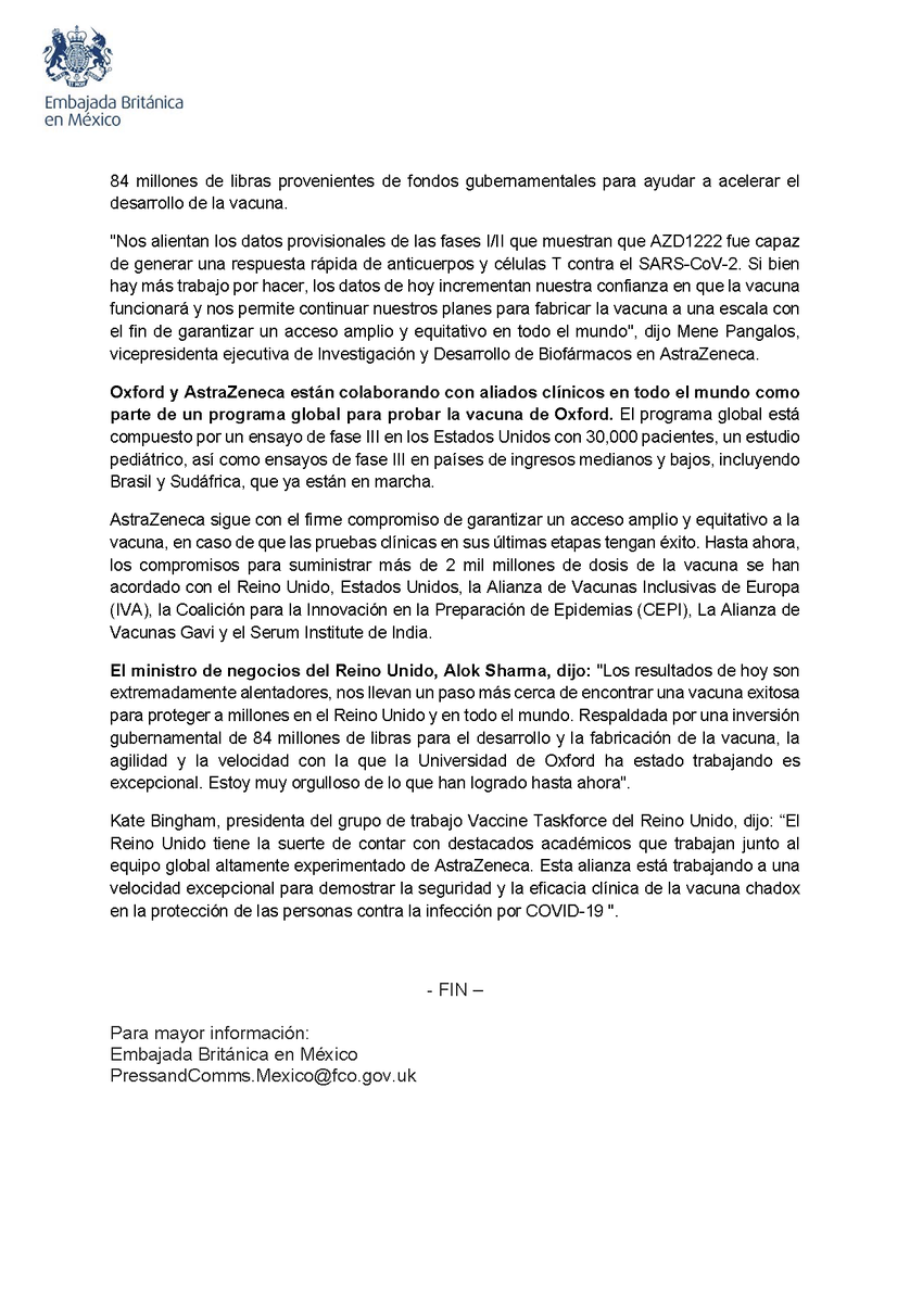 UKinMexico's tweet photo. 📰#COMUNICADO 📰
Nuevo estudio revela que la vacuna de @UniofOxford  contra el #coronavirus produce una fuerte respuesta inmune. https://t.co/DDywwonkdF