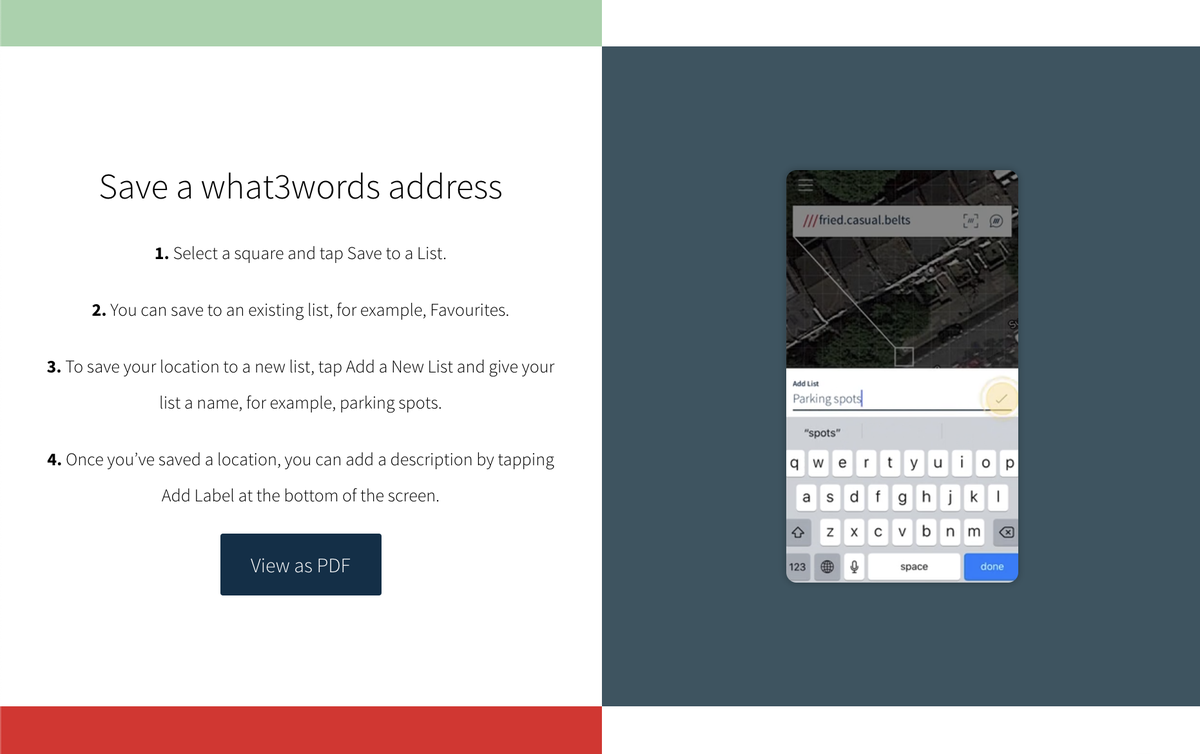 screenshot of the how to page with steps explaining how to save a what3words address