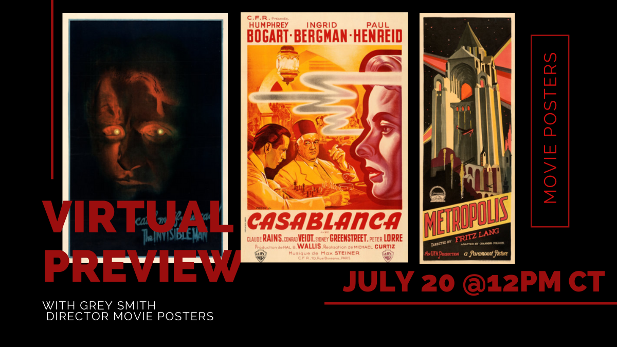 HeritageAuction's tweet photo. Annnnnd, ACTION! ๐ฌ
Join us for our Movie Posters Virtual Preview with Grey Smith, Director of Heritage Movie Posters, as he talks through this fantastic Signature Auction. Today at 12pm CT! #movieposters #entertainment #virtualpreview
๐ฝ https://t.co/3kI6vNTum1 https://t.co/spH4aLPha9
