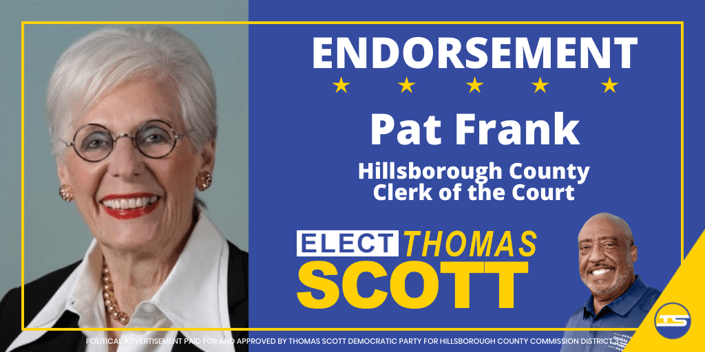 ElectTScott's tweet photo. ENDORSEMENT ANNOUNCEMENT!
@patfrankclerk is a trusted servant leader who has given me her endorsement. We are appreciative of the opportunity to receive such an endorsement. Thank you!
#District3 #ElectThomasScott #RecognizedExperience #ProvenLeadership #HillsboroughCounty https://t.co/CX3zy3A6Sd