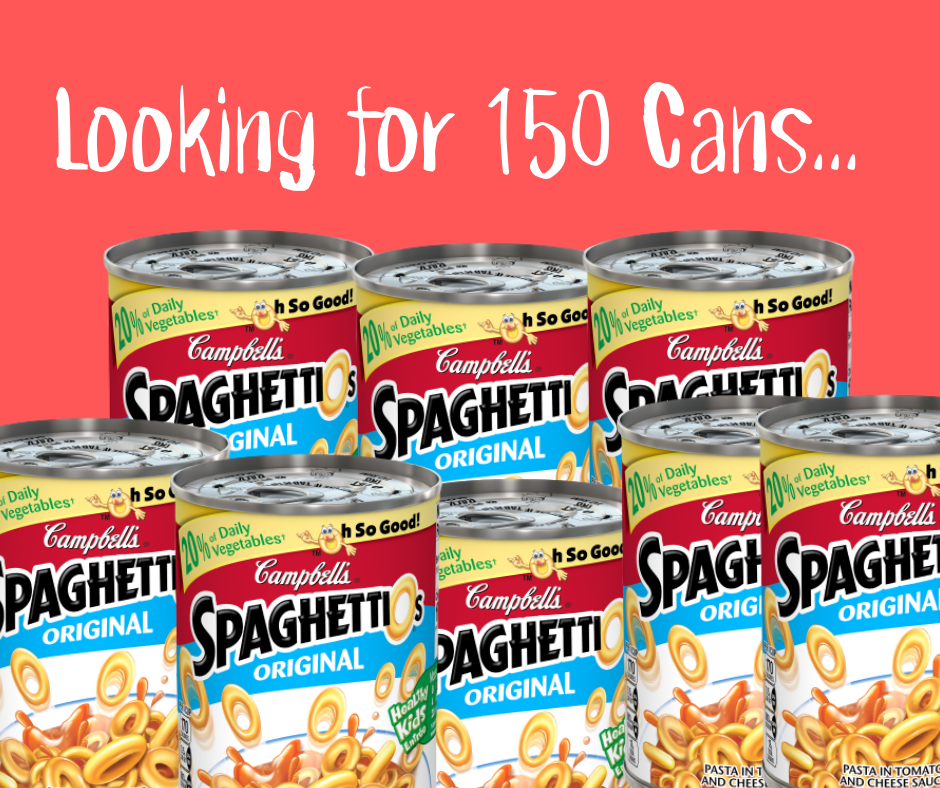 We are hoping to include cans of "Spaghettios" in our supplemental food bags. If you can help, you can place cans in the breezeway of the double doors in the back (D6). Thx.