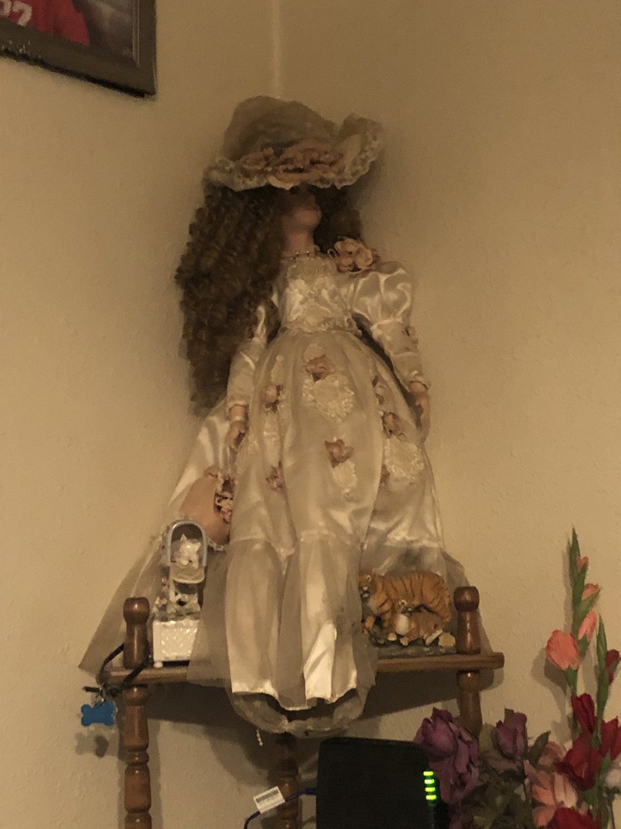 HorrorSisters01's tweet photo. One such thing on my end will be doll updates. This is her current position. She came from Germany and is suspected to be haunted. I have no further history of her as we got her when I was 4 while over seas for my dads work at the time. 
~KatHorror~ https://t.co/8OAunGuLGv