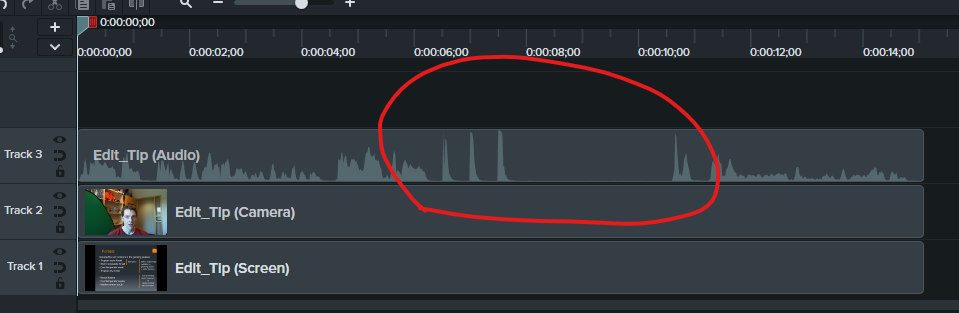 pdculbert_UBC's tweet photo. My #1 tip for lecture capture with Camtasia: If you flub a line, clap loudly 3x in front of mic, pause for a few seconds, then start speaking again. This lets you clearly see these mistakes in the waveform so you can spot/edit them all without watching your whole lecture again. https://t.co/R4sg4LxOoC
