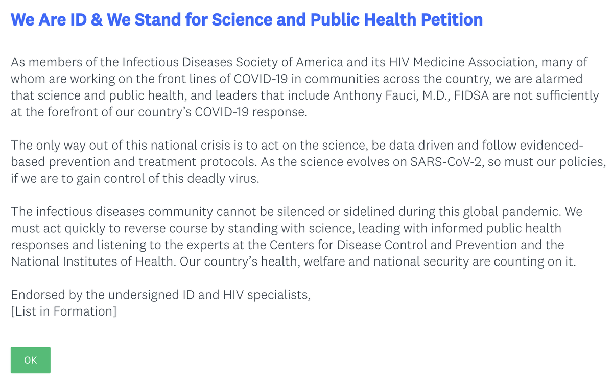 Sign petition which calls for a response that acts on science, is data driven &amp; is led by public health experts.

✍️ bit.ly/32DKSAu 

#WeAreID #StandWithScience #AmericaNeedsFauci