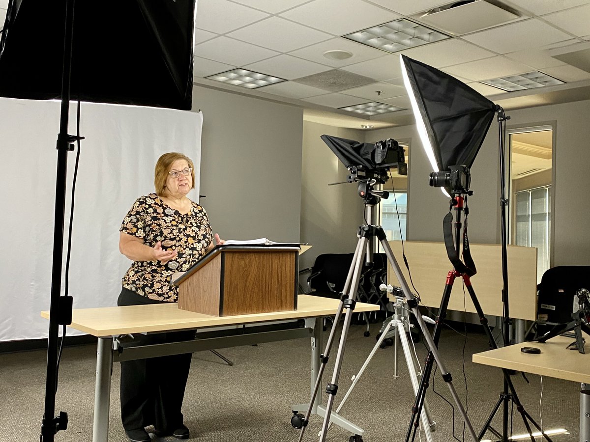 ACTSWorldCampus's tweet photo. In our own wee studio today helping to prepare courses for @ACTSseminaries fall semester! Today, Dr. Gloria Woodland is filming her chaplaincy course, Theory &amp; Practice of Spiritual Care. Join her to grow your skills to come alongside others well.
•
Powered by @mbseminary https://t.co/anwJNPVPZV