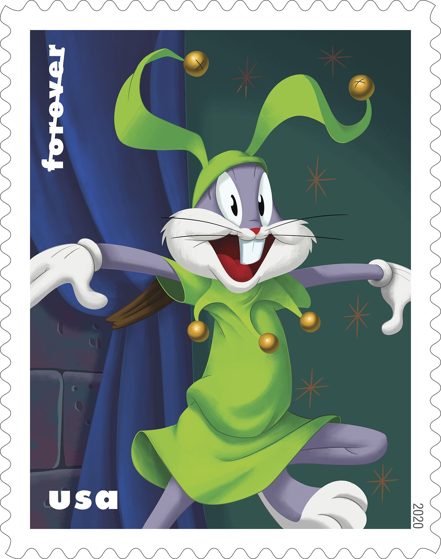 Bugs Bunny en una estampa se ve bromeando como un bufón con atuendo verde brillante y gorra graciosa. 
