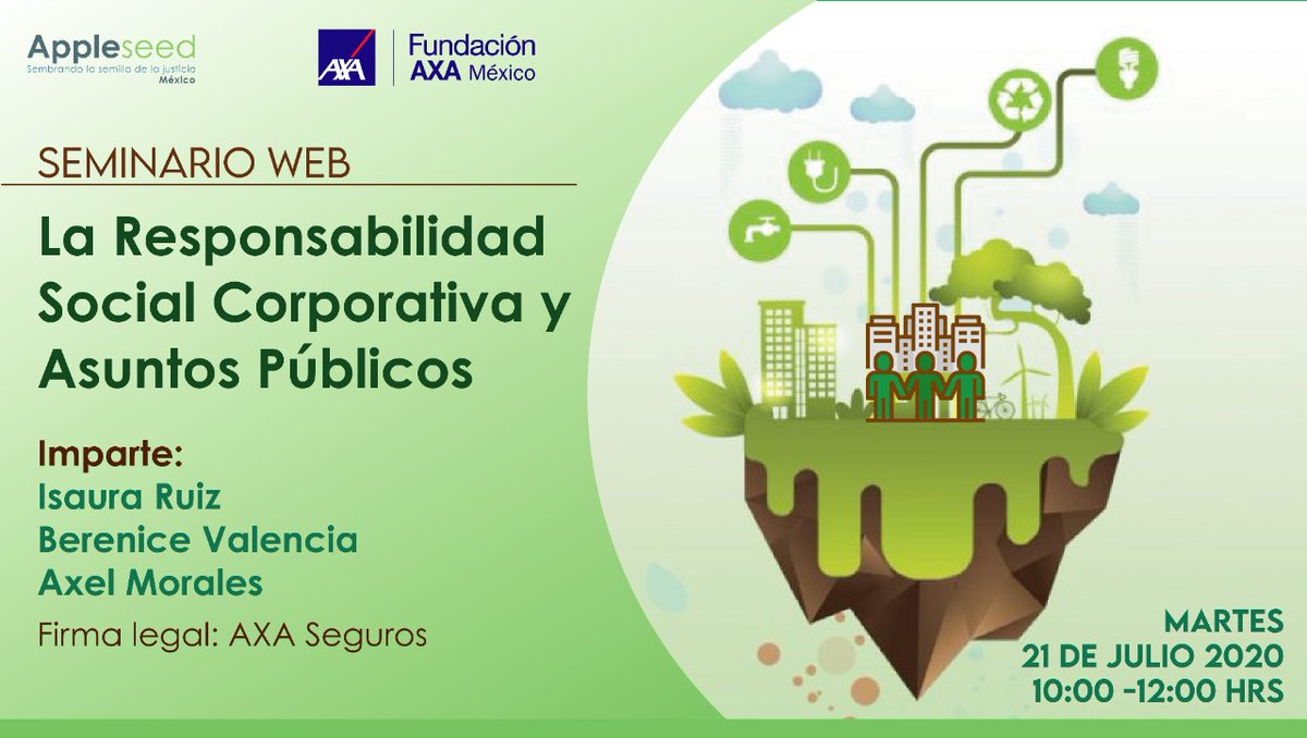 FundacionAXAmx's tweet photo. No te pierdas el seminario web: "La responsabilidad  Social Corporativa y Asuntos Públicos", con panel experto de @AXAMexico desde @AppleseedMexico, este martes 21 de julio, de 10 am a 12 pm.  Aquí toda la información: https://t.co/fXWu8Q1USH https://t.co/l5AdQYTFkT