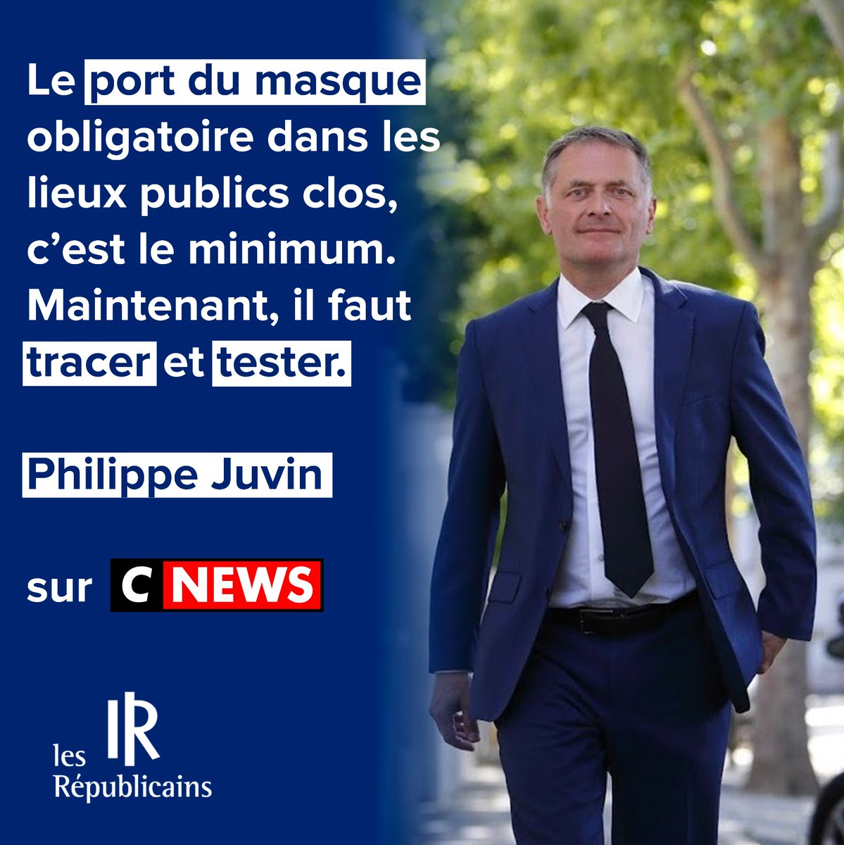 lesRepublicains's tweet photo. 💬 @philippejuvin : « Le port du #masqueobligatoire dans les lieux publics clos, c’est le minimum. Maintenant, il faut #tracer et #tester. » #COVID19 https://t.co/nSxNEt9zj5