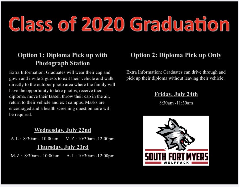 SouthFMHS's tweet photo. ⚫️🔴IMPORTANT🔴⚫️CLASS OF 2020 GRADUATION!!! We hope to see you this week for diploma pick up. Option 1 & Option 2 available!!! #itstimetoCELEBRATE #BETHELIGHT #POWERUL #TEAMSOUTH 🎉🐺🎓 https://t.co/scP2M1mDNJ