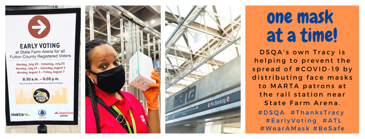 DSQAMARTA's tweet photo. #DSQA's own Tracy is helping to prevent the spread of #COVID19 by distributing face masks to patrons at the #MARTA rail station near State Farm Arena. 

#MondayThoughts #ThanksTracy #EarlyVoting #ATL #WearAMask #BeSafe https://t.co/fcZXsCD7PE