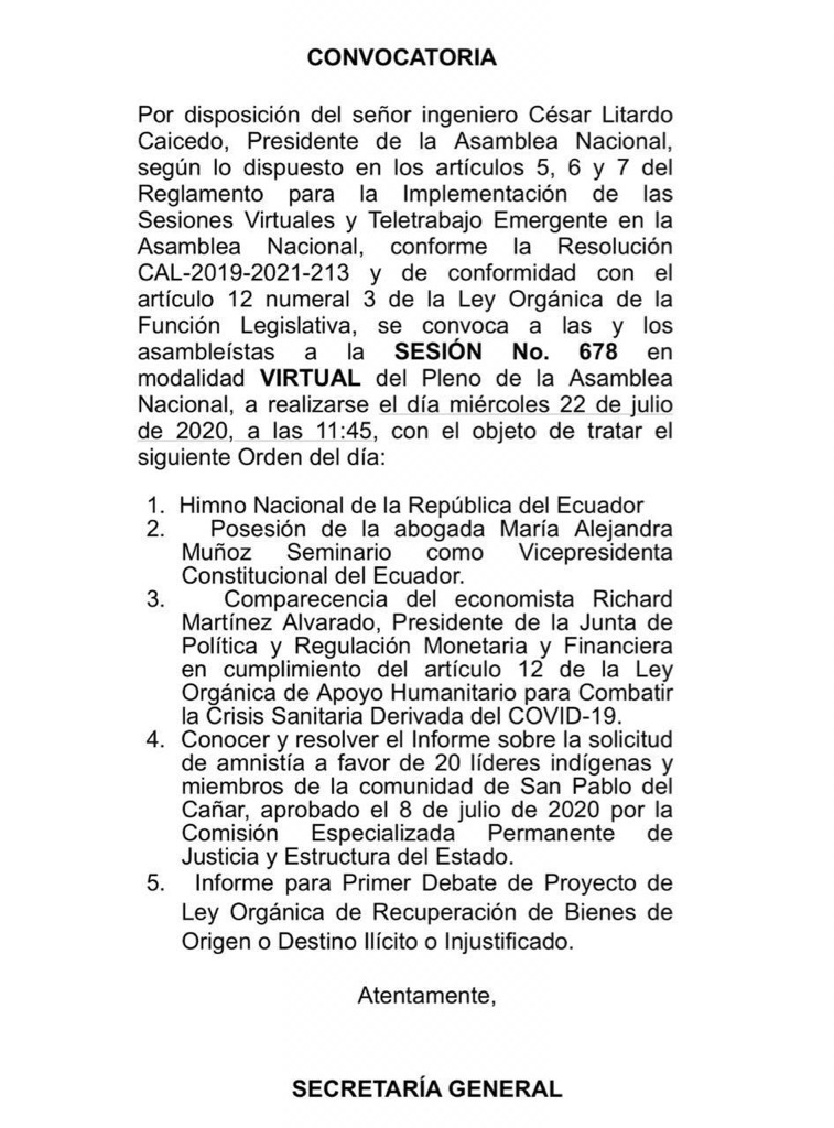 maemontanov's tweet photo. Atentos, convocados al primer debate Pleno  @AsambleaEcuador de #LeyExtincionDominio miércoles, punto 5 @cesarlitardo https://t.co/19rc8R9fgO