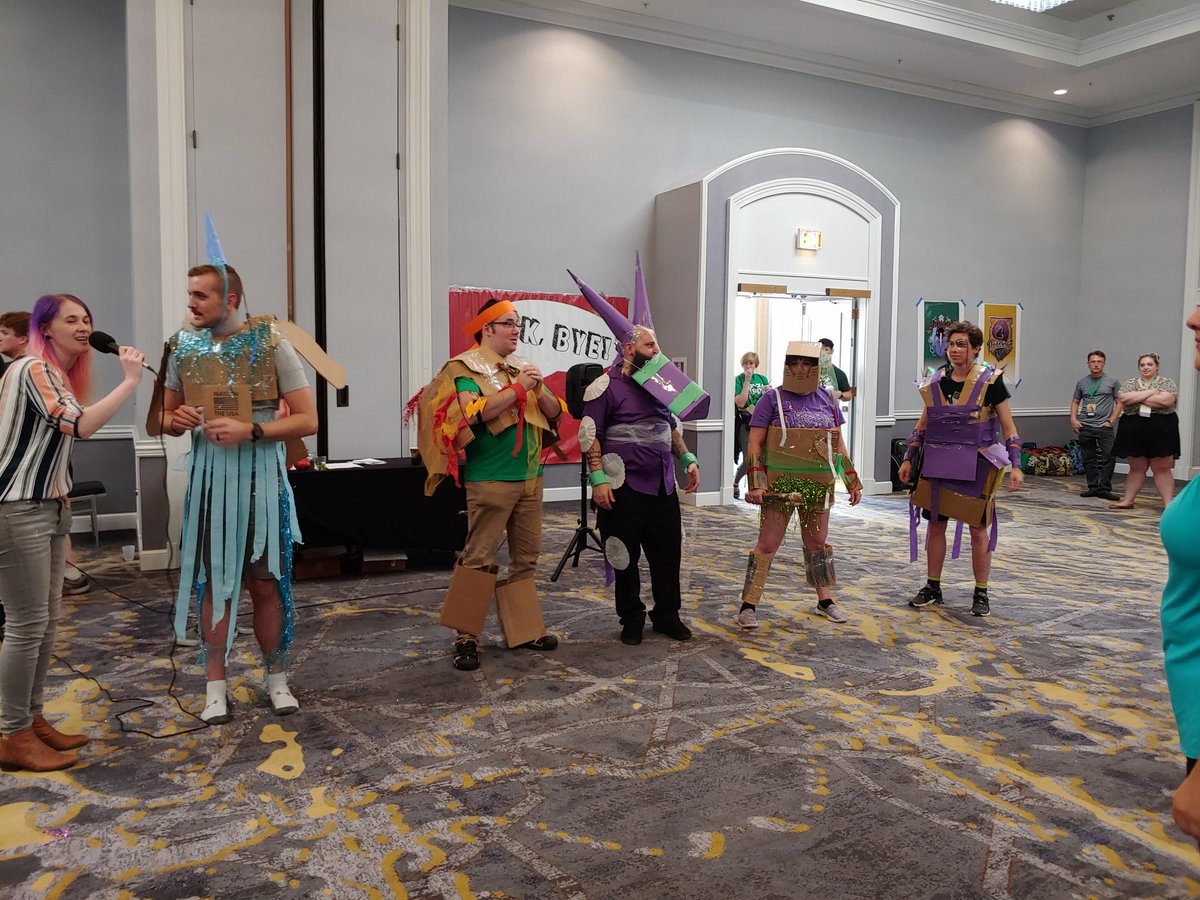 energeticjen's tweet photo. @GeeklyCon Cardboard Mechs, #wigglebottom winning the house cup, corset party, @Nika_Howard chugging wine from the bottle. https://t.co/fpoGA9IKOb