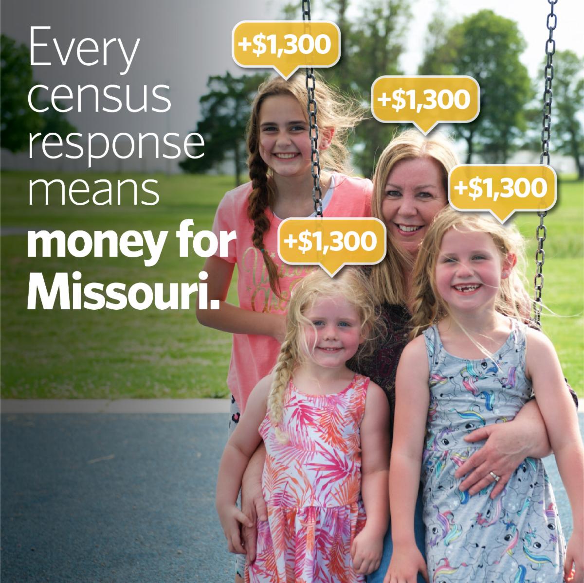 For every adult and every child that's not counted in the Census, Missouri will lose $1,300 in federal dollars each year. Make sure our communities get the money they need to improve roads, schools, hospitals, and more. Respond today at my2020census.gov #MissouriCounts #n