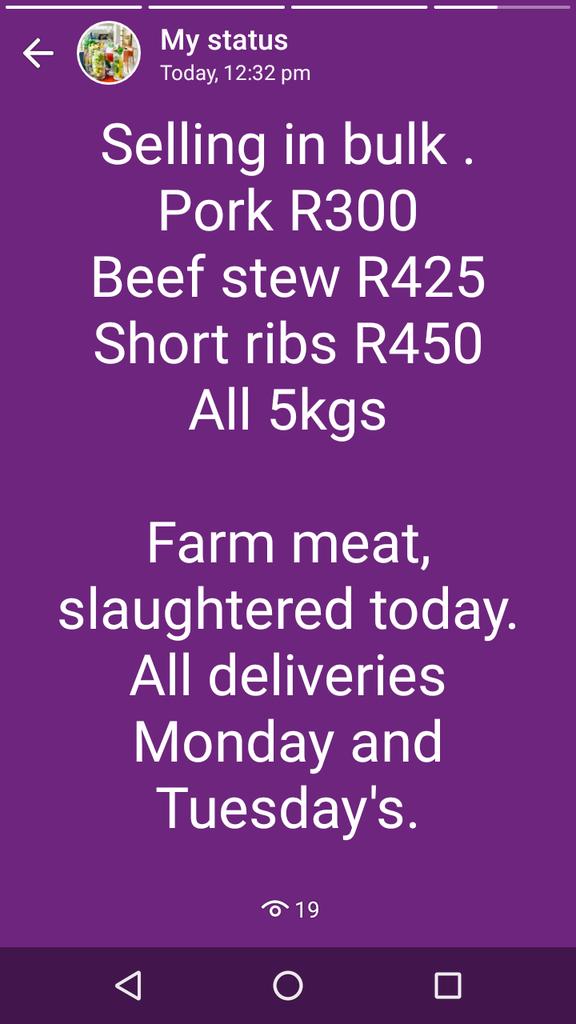 mthimbanology's tweet photo. Fresh farm meat available to order. Deliveries done every Monday's and Tuesday's. Orders welcome. Call or WhatsApp 0659322992 to place your order or get some fresh meat delivered to you. https://t.co/IVGFLNG0fc