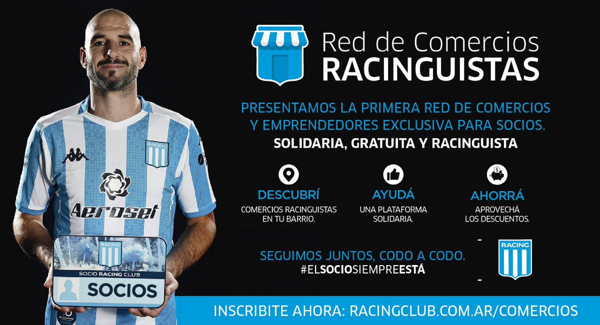 Te presentamos la Red de Comercios Racinguistas, exclusiva para socios. Es solidaria, gratuita y racinguista 🎓

Para todos aquellos que tengan un comercio o emprendimiento propio 💙

▶️ Inscribite ahora en racingclub.com.ar/comercios

#ElSocioSiempreEstá