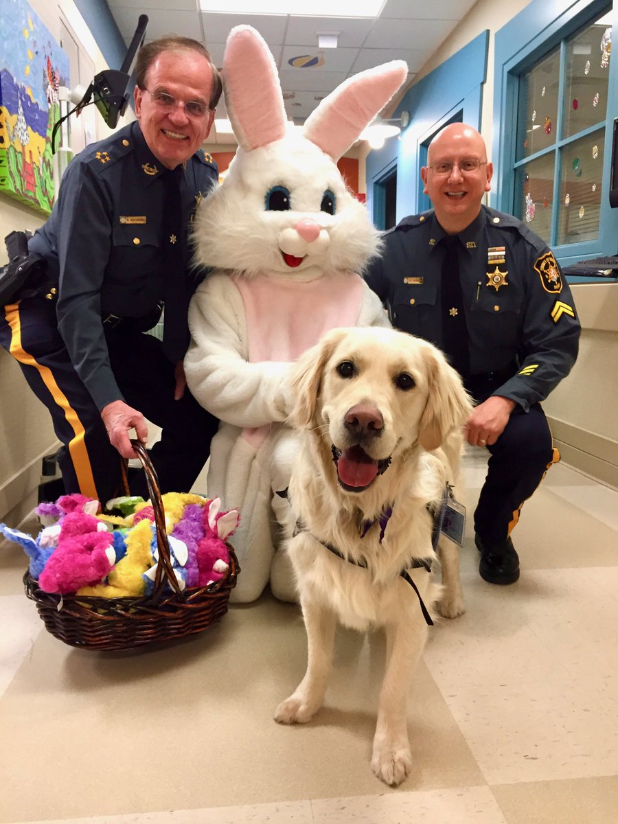 TracyBeckerman's tweet photo. Here’s another great shot of Monty hellping the local police deliver Easter Eggs to kids in the Pediatric Oncology unit of our hospital. The magic of dogs is truly amazing! #CSSTheMagicofDogs https://t.co/9KMqrwktfZ