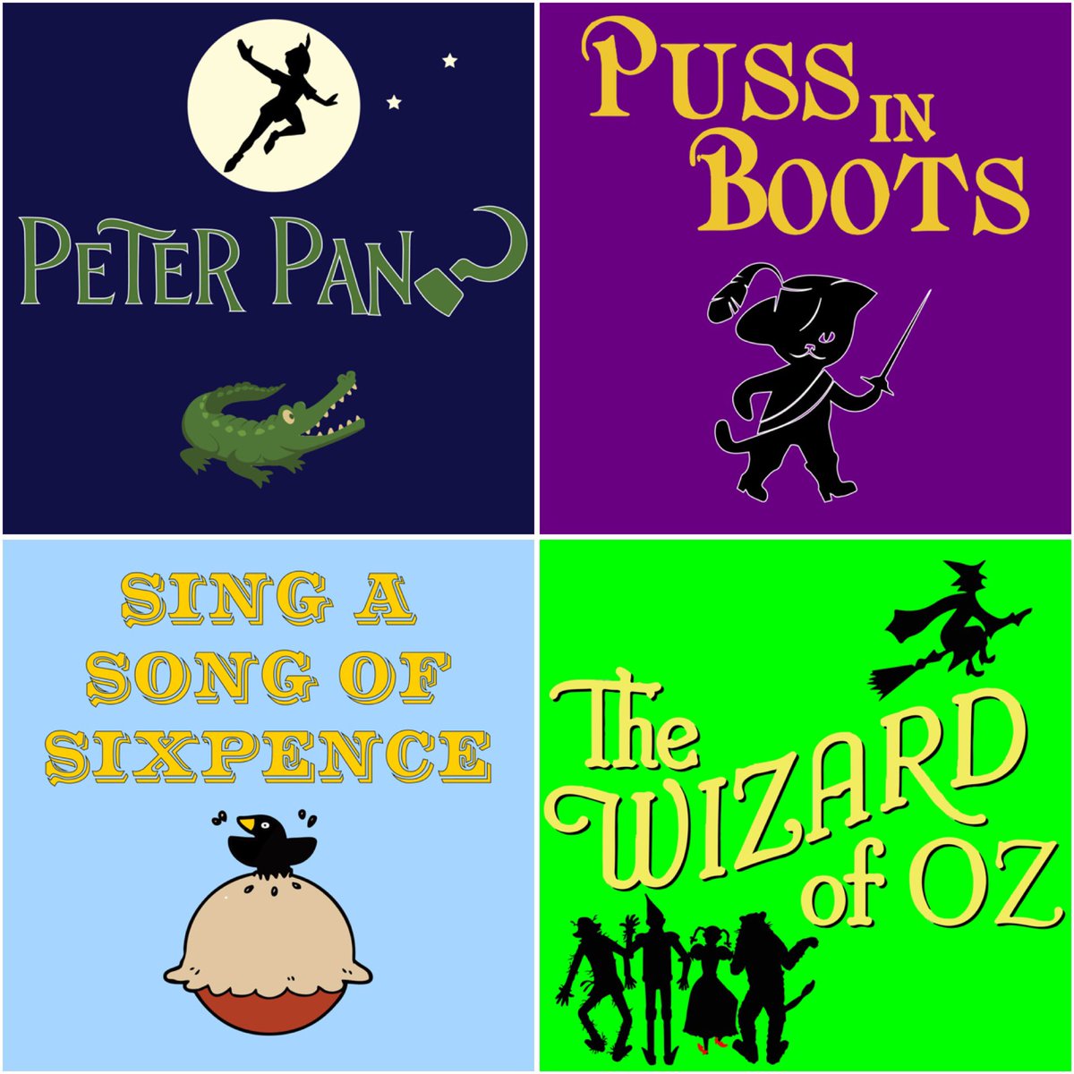 HATSPantomime's tweet photo. #PantoPremierLeague finishes the group stages with the Group G qualifier!
#PeterPan 🐊 
#PussInBoots 🐈👢👢
#SingASongOfSixpence 🥧 
#WizardOfOz 🦁 
Vote for your favourite pantomime story from these 4 contenders by commenting below. 
Voting closes at 4pm tomorrow! https://t.co/2ps5AqZYVH