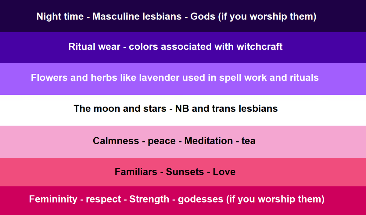 NerdyWacko2187's tweet image. Heres the Lesbian witch flag!!!! 

there&apos;s one without the meanings and one with I made them as meaningful as I could while still keeping a nice color scheme. 

if you have any suggestions DM me!!! 

also, feel free to use it just credit me in a post.