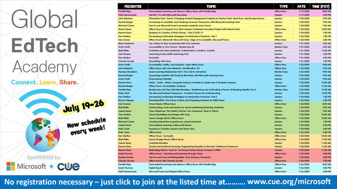🧠 Massive free PD alert 🧠

This week is full of opportunities brought to you by 
<a href="/cueinc/">CUE</a> &amp; #MicrosoftEDU as part of this summer's Global EdTech Academy!

✅ Free sessions
✅ Masterclasses
✅ Office hours

Schedule 👉 aka.ms/getaschedule

#GETA #MIEExpert #edtech
