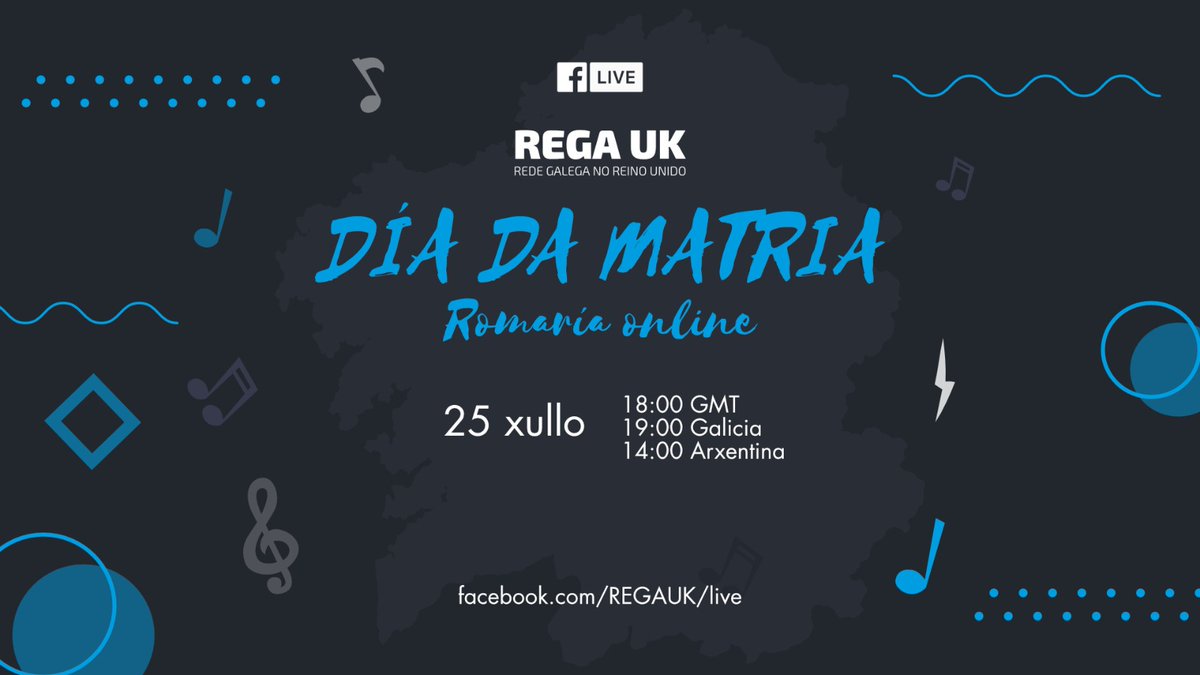 Contando os días  para a nosa Romaría online, no noso día. O da Matria. Cunha manchea de  artistas convidados, sorpresas e humor que non falte! Para tod@s,  ben da terriña, ben da Galiza imaxinaria espallados polo mundo enteiro.     facebook.com/REGAUK/live/
