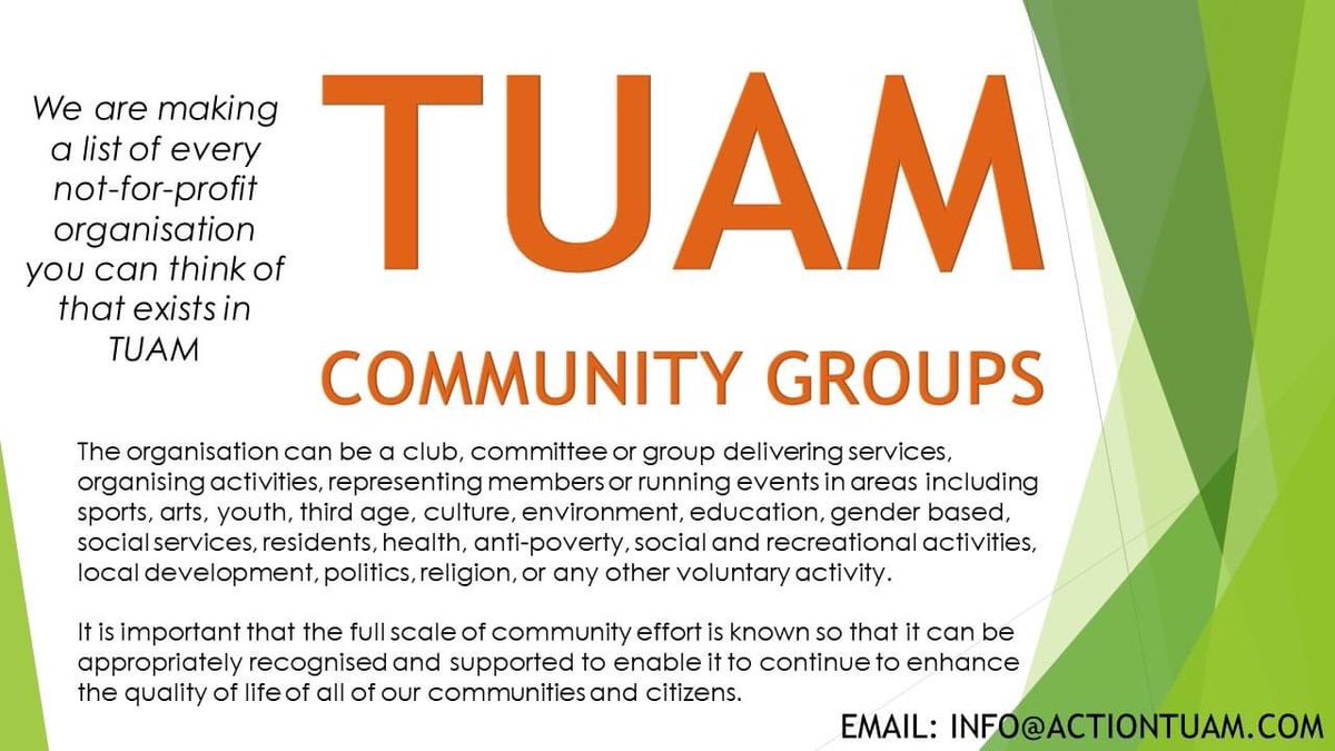 Action Tuam (@actiontuam) on Twitter photo Tuam is one of several areas asked to develop a full list of all the community, voluntary and not-for-profit groups that exist. It is believed that this sector is under-represented and therefore under funded.
LET US KNOW ABOUT TUAM GROUPS IN COMMENTS OR EMAIL info@actiontuam.com Tuam is one of several areas asked to develop a full list of all the community, voluntary and not-for-profit groups that exist. It is believed that this sector is under-represented and therefore under funded.
LET US KNOW ABOUT TUAM GROUPS IN COMMENTS OR EMAIL info@actiontuam.com