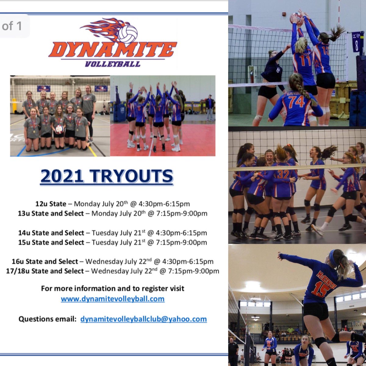 It is tryout week!!!!   It’s still not to late to signup for tryouts.  Visit dynamitevolleyball.com to register or for additional information on the teams and season.