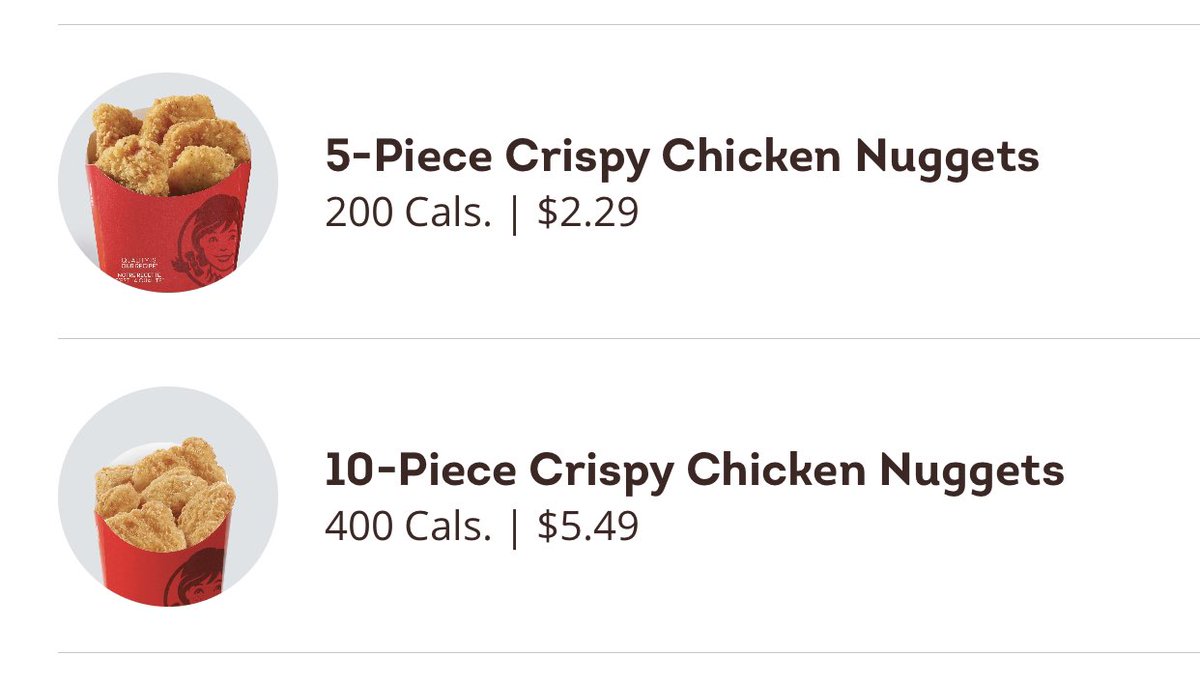 Lakatos_Alex's tweet photo. @WendysCanada why are 2 5pc nuggets almost a dollar cheaper than 1 10pc 🤔 https://t.co/YG2YtwLPaD