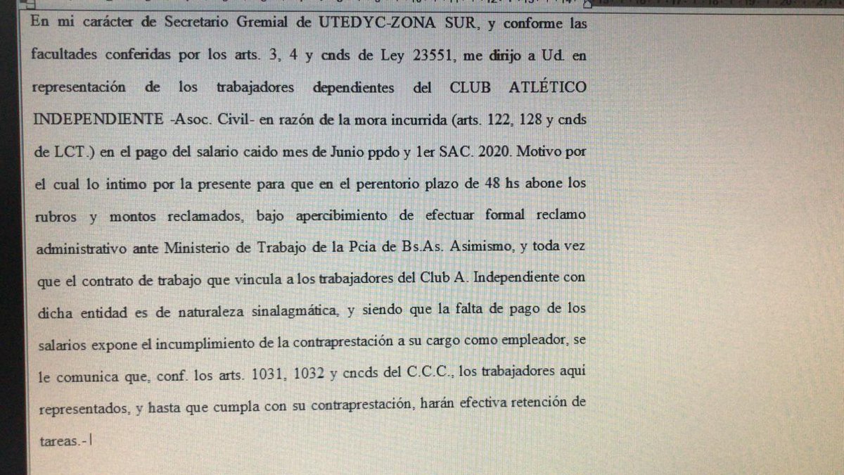 Telegrama que acaban de mandar los empleados de los predios de #Independiente reclamando sueldos adeudados y aguinaldo
<a href="/Independiente/">C. A. Independiente</a>