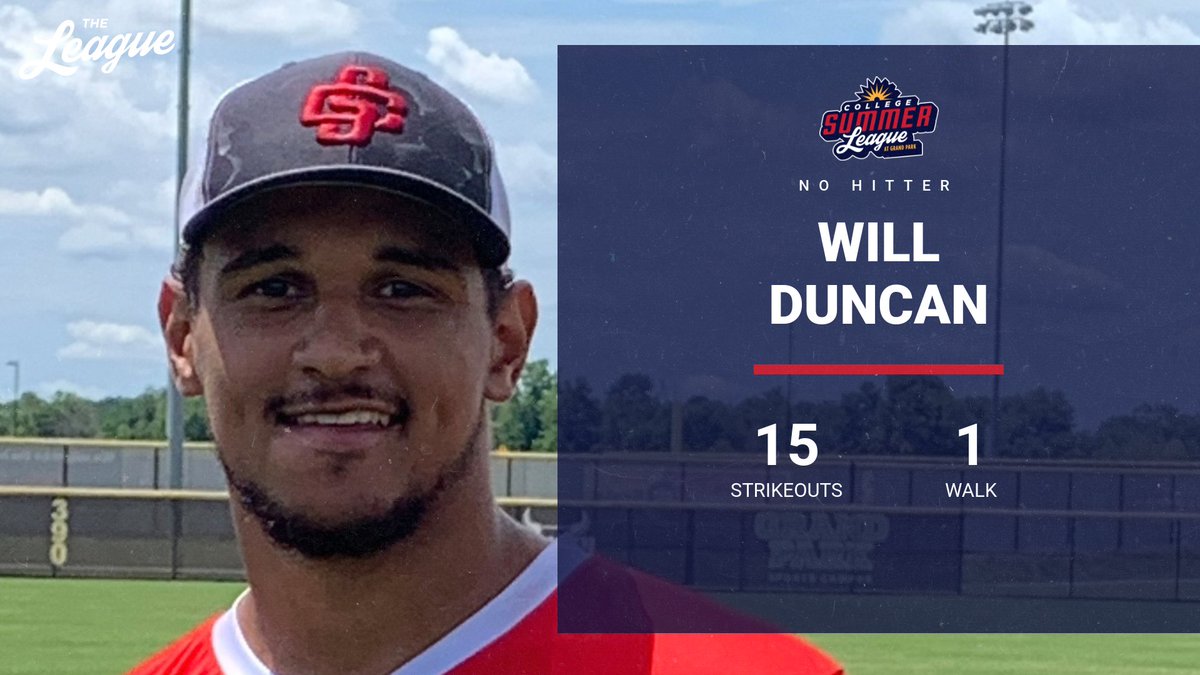 Will Duncan tosses a NO HITTER in CSL action today @grandparksports for the Marksmen.  

Here is a look at his final boxscore line courtesy of @score_HQ

7.0 IP 0 H 1 BB 15 K

Congratulations Will!