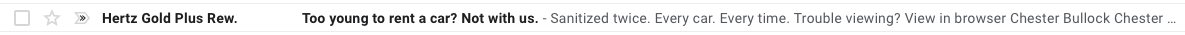 coskier's tweet photo. I have been renting from @Hertz for over 20 years. You would think they would know this. This subject line totally missed. #emailmarketing #subjectlinefail https://t.co/HjJKPnWBDU