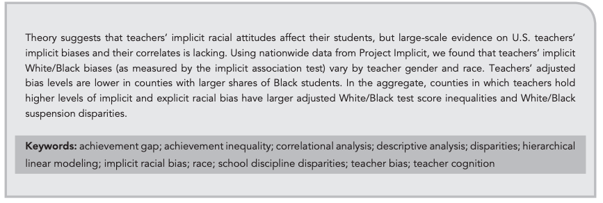 MemeMedianMode's tweet photo. New article out in @ERjournal_AERA: "Bias in the Air: A Nationwide Exploration of Teachers’ Implicit Racial Attitudes, Aggregate Bias, and Student Outcomes"

https://t.co/9pOvv95sLg

My first Twitter thread about a paper I helped coauthor, so please bear with me! 1/n

Abstract: https://t.co/w0oEldamib