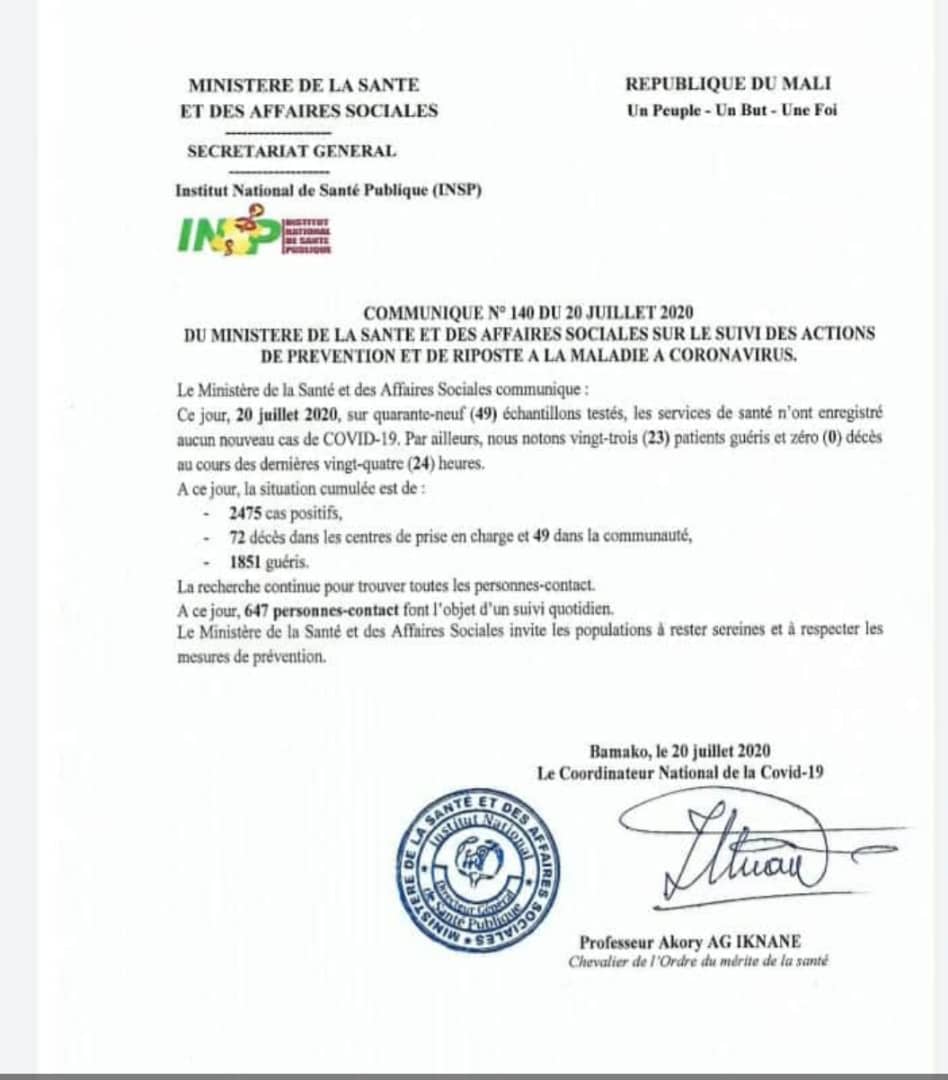 YSibdiga's tweet photo. Les services sanitaires du Mali n'ont enregistré aucun nouveau cas de coronavirus aujourd'hui sur toute l'étendue du territoire malien. Nous disons bravo à la population pour le respect strict des mesures barrières.
#StopCOVID19ml
#Je_porte_un_masque
#EqualAccessMali https://t.co/bCgYRmJGk4