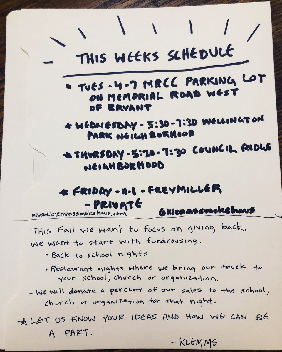 This weeks schedule!!! And our upcoming School, Church and organization fundraising plan!! Let us know how to contact your school, church or organization about us bringing the trailer to fundraiser with you!! klemmssmokehaus.com