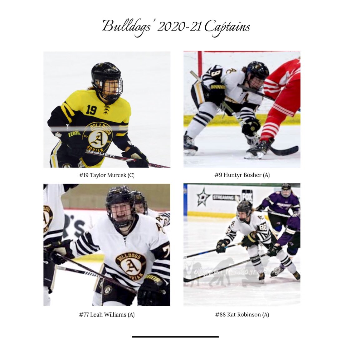AdrianWD1Hockey's tweet photo. Introducing our Captains for the 2020-21 Season! Congratulations to these ladies on their accomplishments, we are beyond proud of you. We can’t wait to get back on the ice together as a team! #GoDawgs #GDTBAB https://t.co/GaTqFtU9XW
