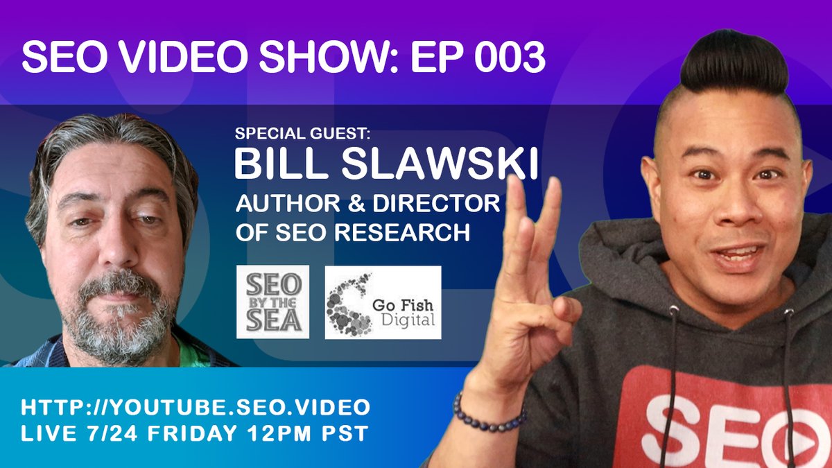 paulandre's tweet photo. Episode 3 of the #SEOvideoSHOW with #SEO legend @bill_slawski! Join Bill and myself this FRI 7/24 12PM PST LIVE https://t.co/uZCAiTCtNG to nerd out on SEO &amp; video optimization #videoseo Be sure to hit the notification bell to get notified instantly when we go live. @seobythesea https://t.co/7zgS2zirLu