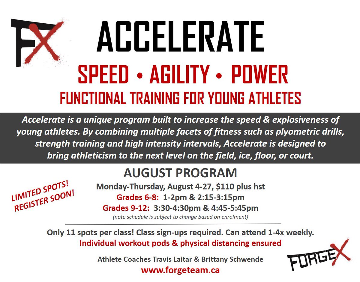 ForgeXTraining's tweet photo. Youth! August Accelerate is open for registration! Complete 4 wk functional training program. 2 classes/age group daily (gr 6-8 / gr 9-12), max 11/class, individual pods, no equip sharing, workout with friends/teammates in a fun, supportive environment! Accelerate your fitness!! https://t.co/GHWFjupYoA