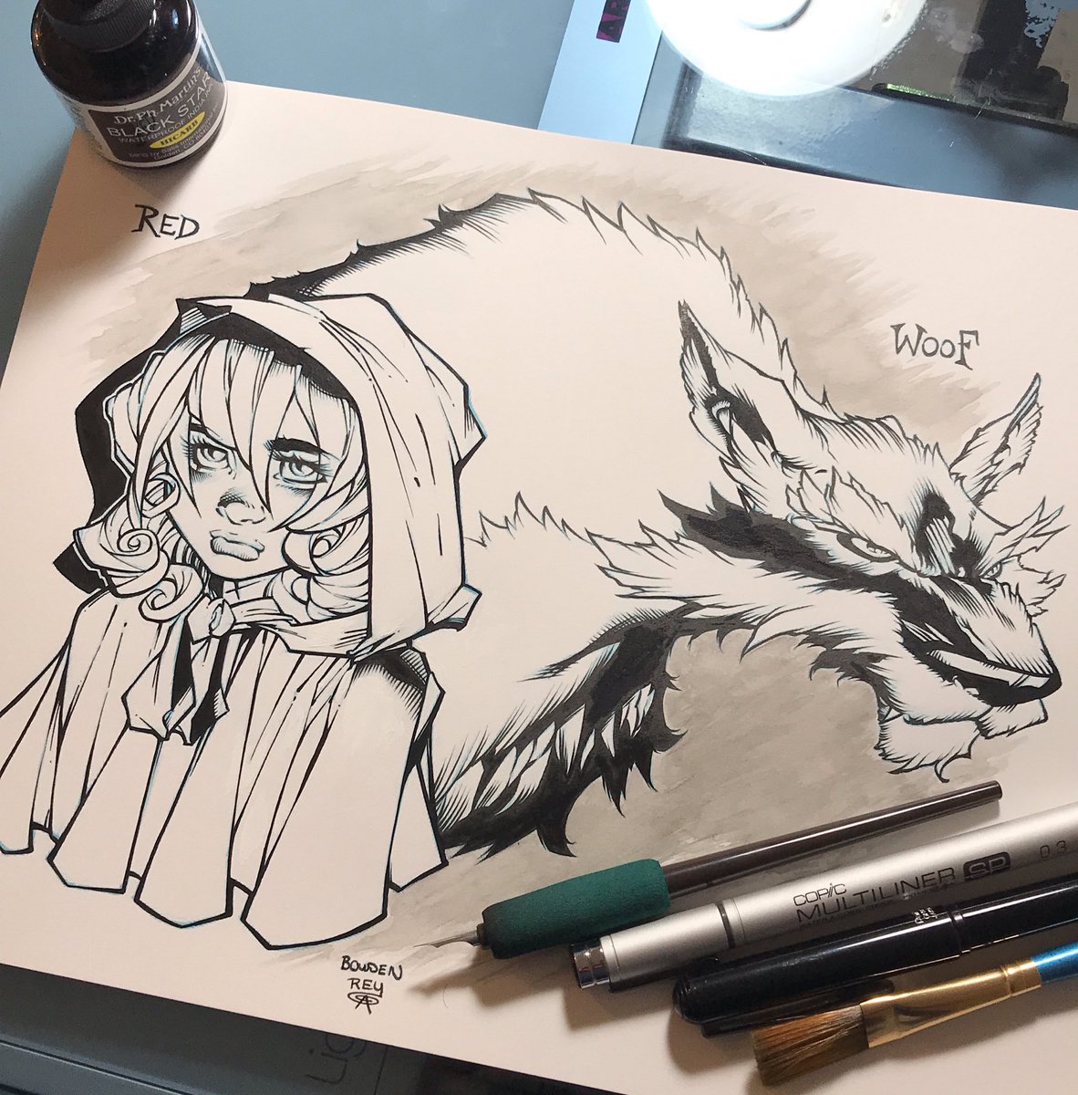 ReyAcevedoArt's tweet photo. Finished inking for practice/fun this sketch of Red and Woof from Fairy Quest 3 by Mike Bowden. #fairyquest #fairyquest3 #fairyquestoverunderthrough #red #woof #redandwoof #mikebowden #comicbookinker #crowquill #copicmultilinersp #pentelpocketbrushpen #indiecomics #reyacevedoart https://t.co/afDw2HcHDu