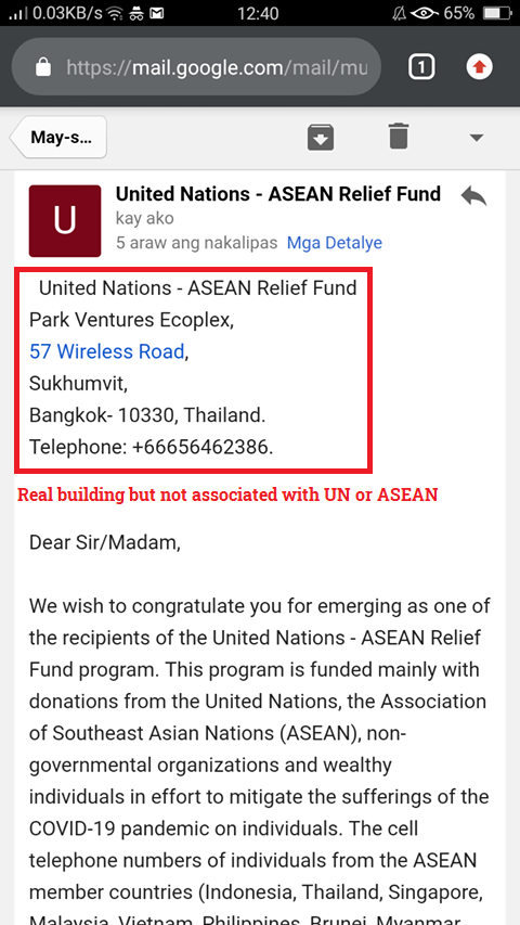 scamadviser's tweet photo. This email originating from the ID ua646730@gmail.com claims to be distributing funds from the UN-ASEAN Relief Fund. It looks like a typical customs parcel scam.
#CustomsScam #ParcelScam @ASEAN @UN https://t.co/iyi5sYhZYc